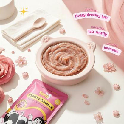 A pink cat bowl filled with wet cat food, shown with a pink Tera Chicken & Insect pouch and decorative props on a light background. Text overlays mention benefits like fluffy dreamy hair, poopoo less smelly, and strong immune.